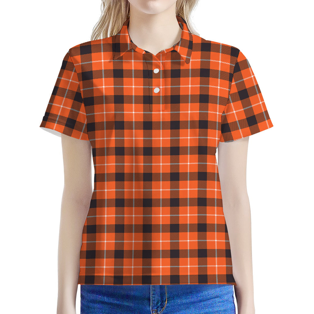 Orange Grey And White Plaid Print Women's Polo Shirt