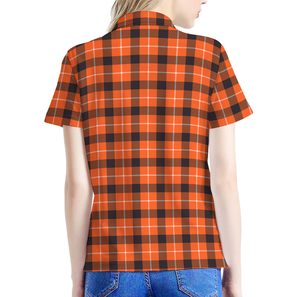 Orange Grey And White Plaid Print Women's Polo Shirt