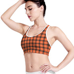 Orange Grey And White Plaid Print Women's Sports Bra