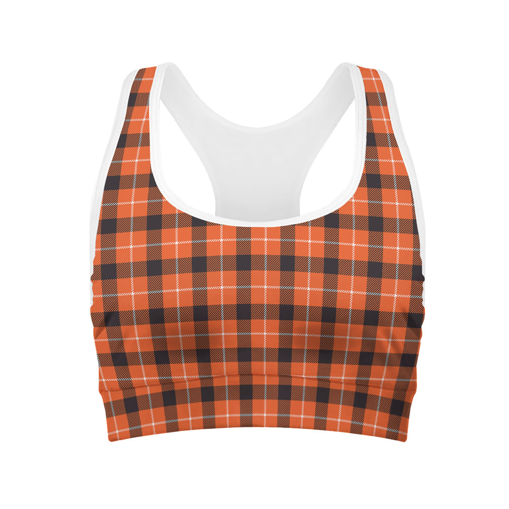 Orange Grey And White Plaid Print Women's Sports Bra