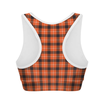 Orange Grey And White Plaid Print Women's Sports Bra