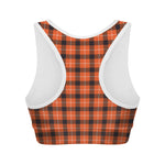 Orange Grey And White Plaid Print Women's Sports Bra