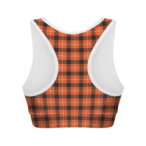 Orange Grey And White Plaid Print Women's Sports Bra