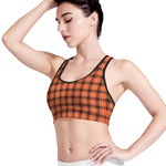 Orange Grey And White Plaid Print Women's Sports Bra