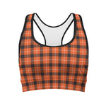 Orange Grey And White Plaid Print Women's Sports Bra