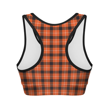Orange Grey And White Plaid Print Women's Sports Bra