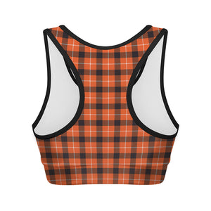 Orange Grey And White Plaid Print Women's Sports Bra