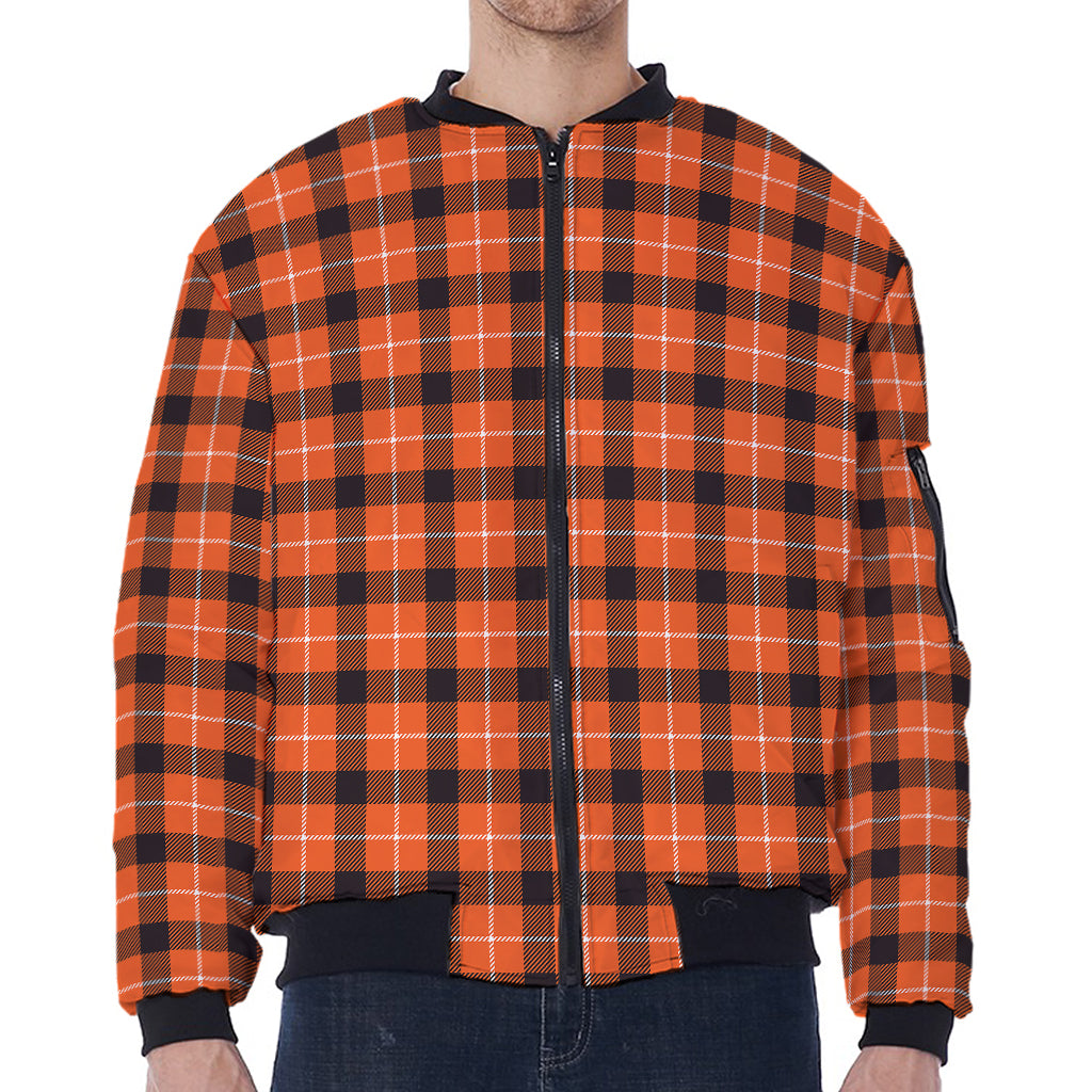 Orange Grey And White Plaid Print Zip Sleeve Bomber Jacket