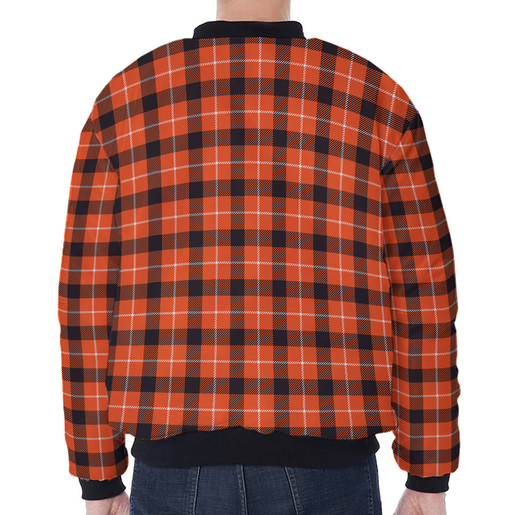 Orange Grey And White Plaid Print Zip Sleeve Bomber Jacket