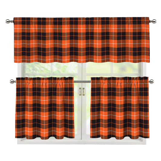 Orange Grey And White Tartan Print 3 Piece Kitchen Curtains