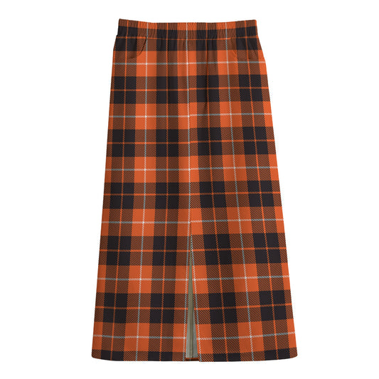 Orange Grey And White Tartan Print Cotton Front Slit Maxi Skirt