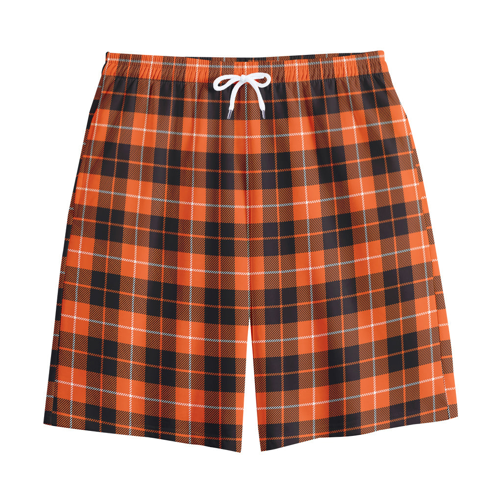 Orange Grey And White Tartan Print Cotton Shorts