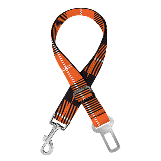 Orange Grey And White Tartan Print Dog Seat Belt
