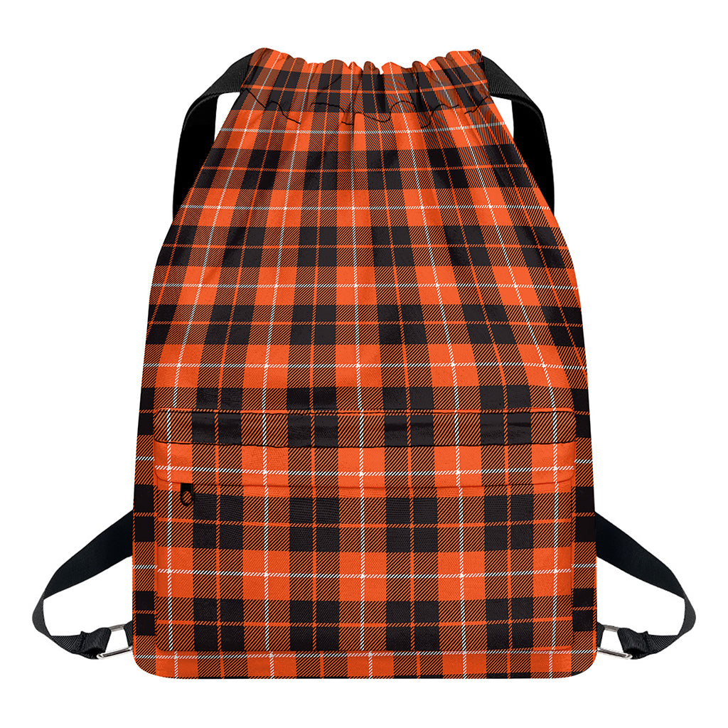 Orange Grey And White Tartan Print Drawstring Backpack