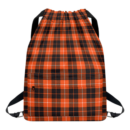 Orange Grey And White Tartan Print Drawstring Backpack