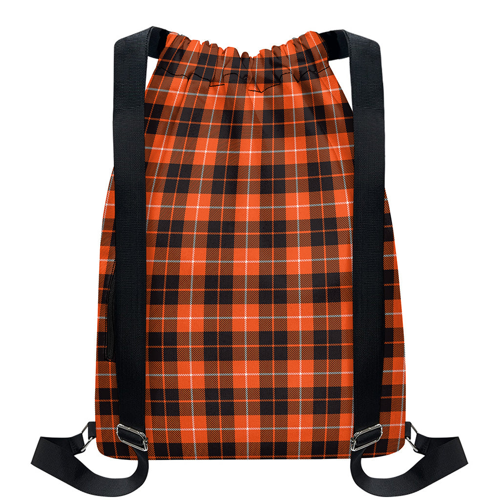 Orange Grey And White Tartan Print Drawstring Backpack