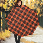 Orange Grey And White Tartan Print Foldable Umbrella