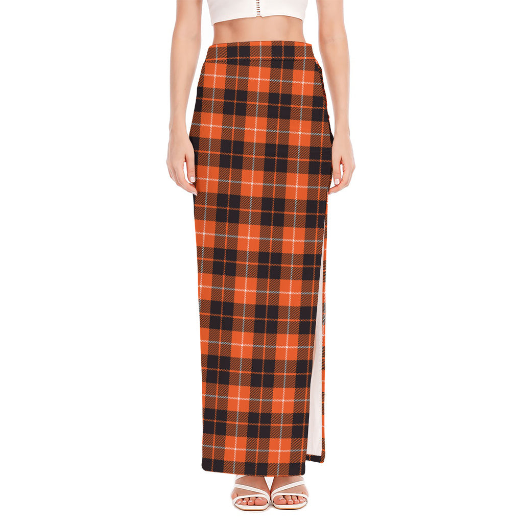Orange Grey And White Tartan Print High Slit Maxi Skirt