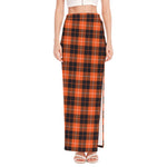 Orange Grey And White Tartan Print High Slit Maxi Skirt