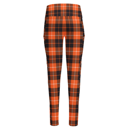 Orange Grey And White Tartan Print High-Waisted Pocket Leggings