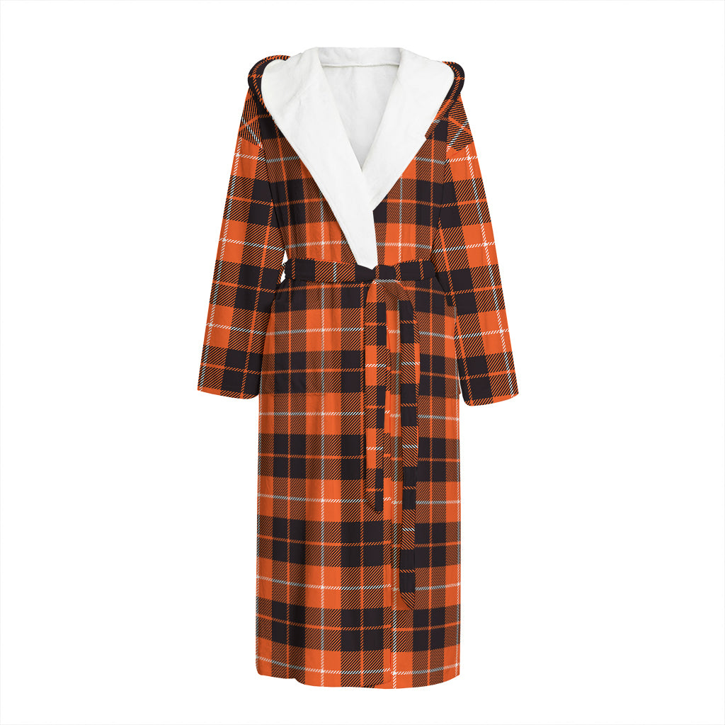 Orange Grey And White Tartan Print Hooded Bathrobe