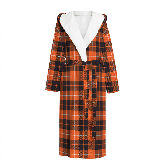 Orange Grey And White Tartan Print Hooded Bathrobe