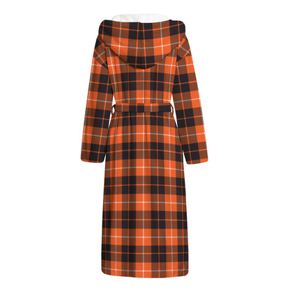 Orange Grey And White Tartan Print Hooded Bathrobe