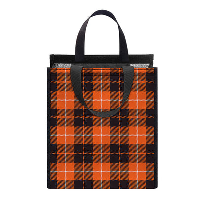 Orange Grey And White Tartan Print Insulated Lunch Tote