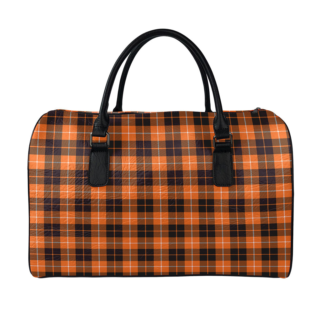 Orange Grey And White Tartan Print Leather Duffle Bag
