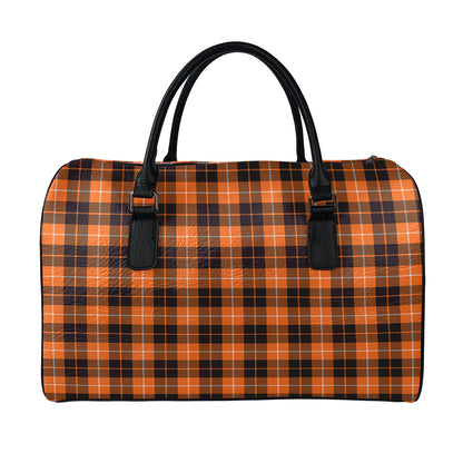 Orange Grey And White Tartan Print Leather Duffle Bag