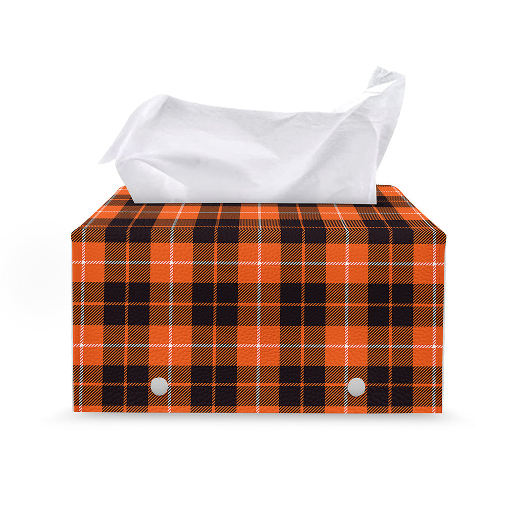 Orange Grey And White Tartan Print Leather Tissue Box Cover