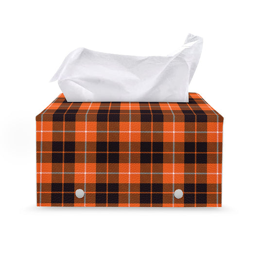 Orange Grey And White Tartan Print Leather Tissue Box Cover