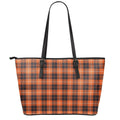 Orange Grey And White Tartan Print Leather Tote Bag With Zipper