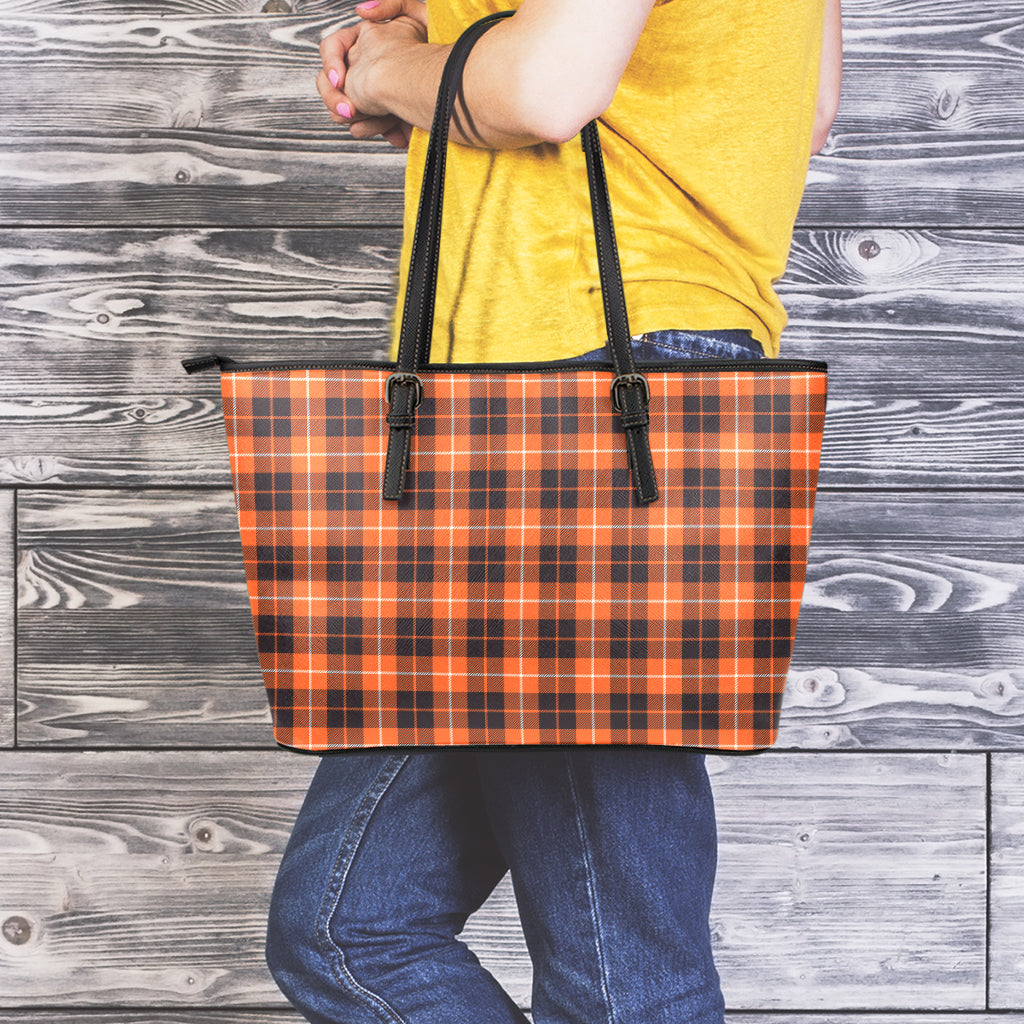 Orange Grey And White Tartan Print Leather Tote Bag