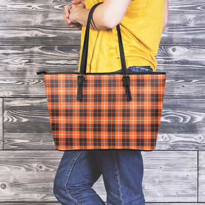 Orange Grey And White Tartan Print Leather Tote Bag