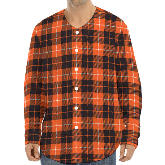 Orange Grey And White Tartan Print Long Sleeve Baseball Jersey