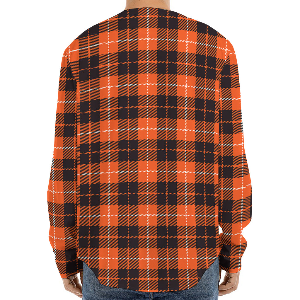 Orange Grey And White Tartan Print Long Sleeve Baseball Jersey