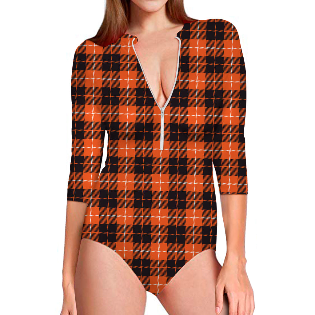 Orange Grey And White Tartan Print Long Sleeve Swimsuit