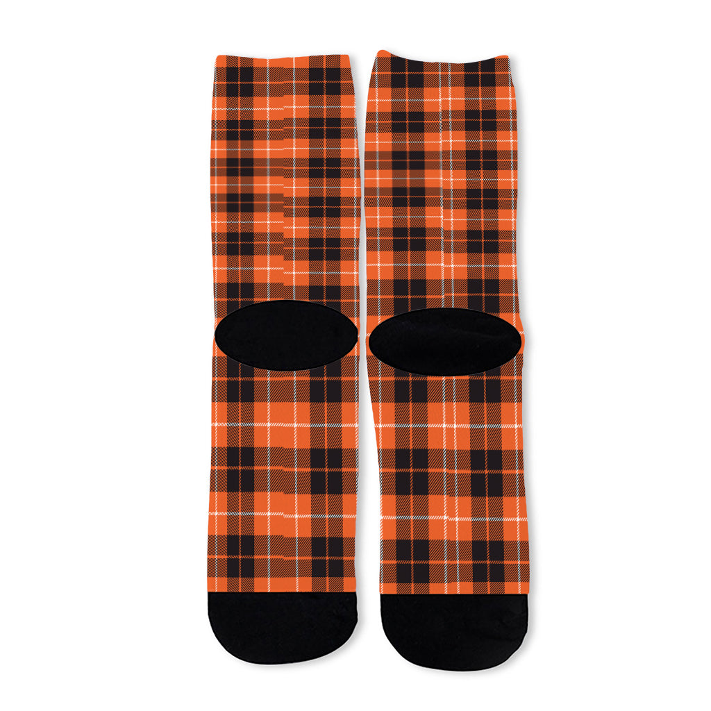 Orange Grey And White Tartan Print Long Socks