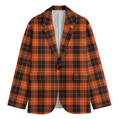 Orange Grey And White Tartan Print Men's Cotton Blazer