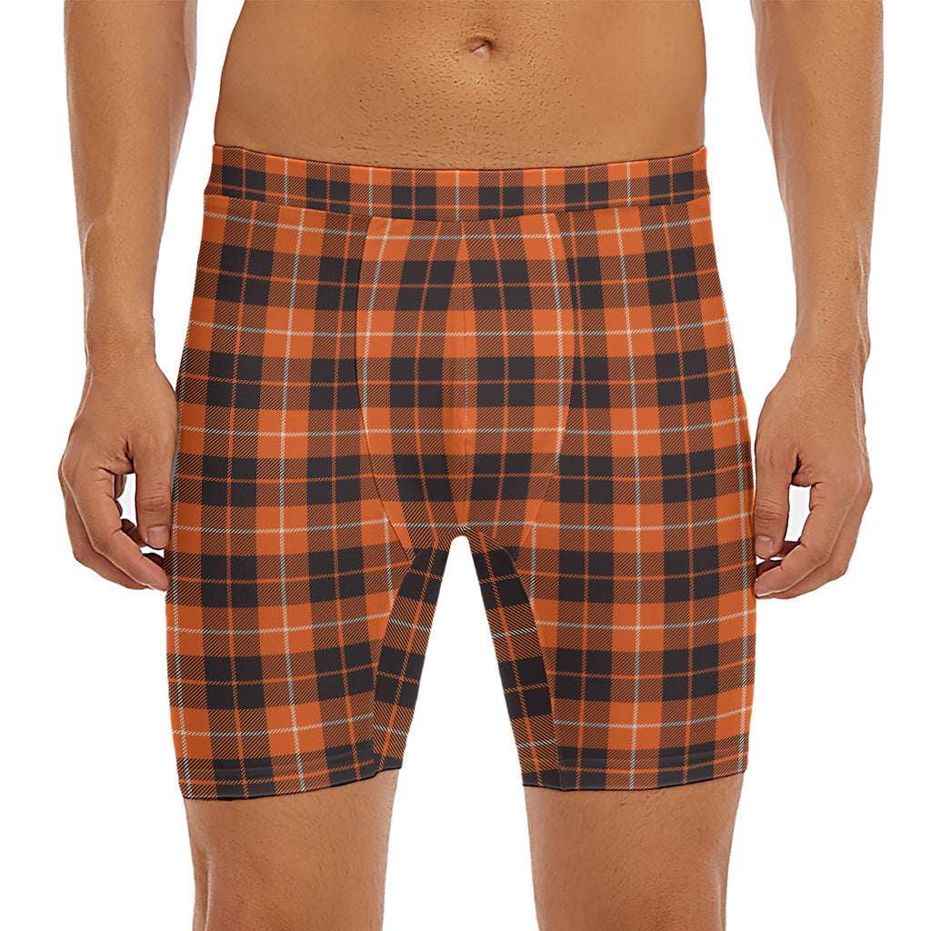 Orange Grey And White Tartan Print Men's Long Boxer Briefs