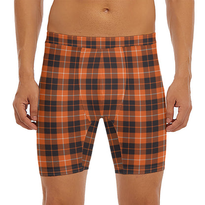 Orange Grey And White Tartan Print Men's Long Boxer Briefs