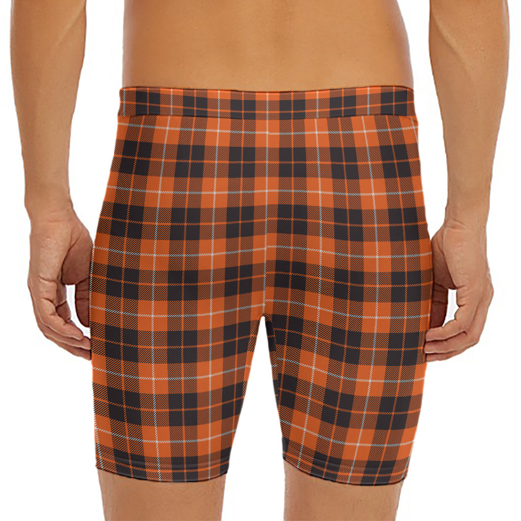 Orange Grey And White Tartan Print Men's Long Boxer Briefs