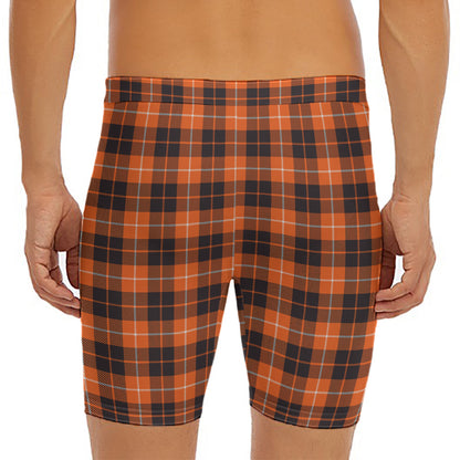 Orange Grey And White Tartan Print Men's Long Boxer Briefs