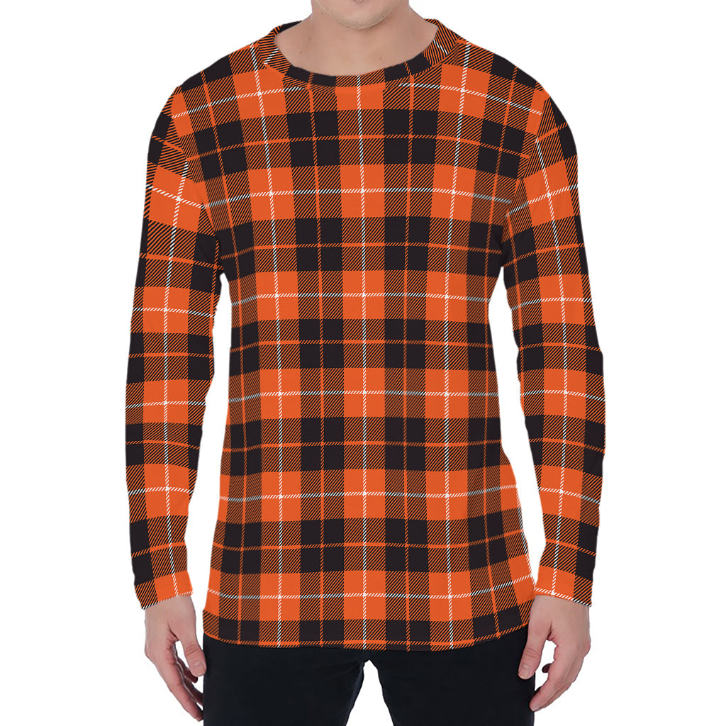 Orange Grey And White Tartan Print Men's Long Sleeve T-Shirt