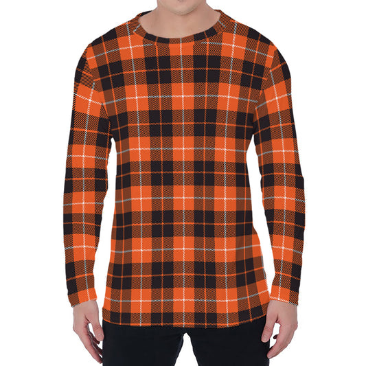 Orange Grey And White Tartan Print Men's Long Sleeve T-Shirt