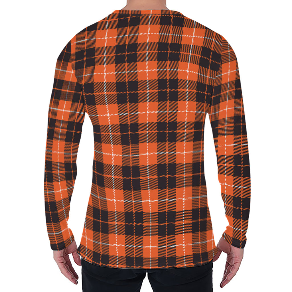 Orange Grey And White Tartan Print Men's Long Sleeve T-Shirt