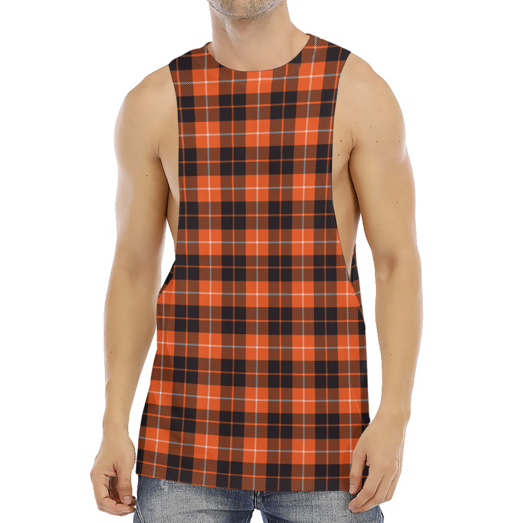 Orange Grey And White Tartan Print Men's Muscle Tank Top