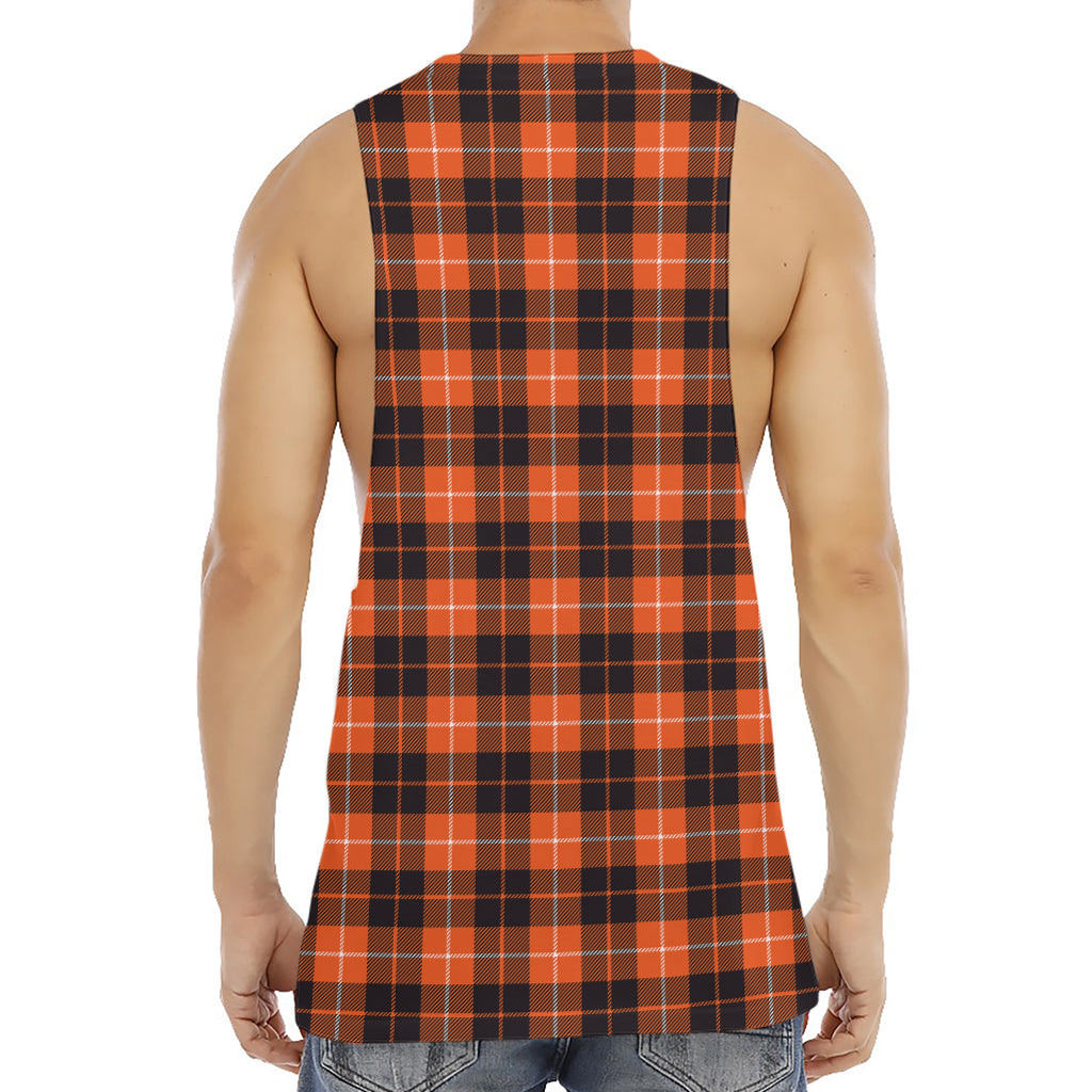 Orange Grey And White Tartan Print Men's Muscle Tank Top