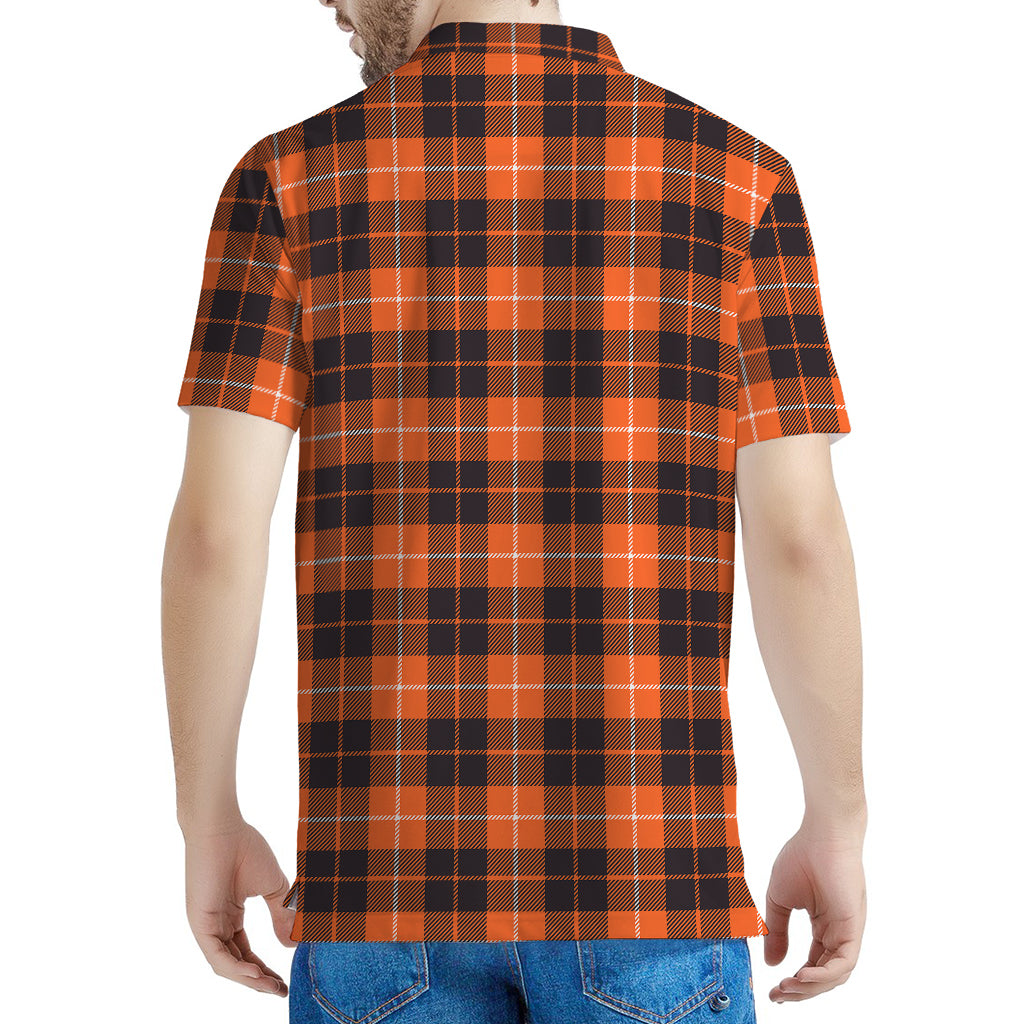 Orange Grey And White Tartan Print Men's Polo Shirt